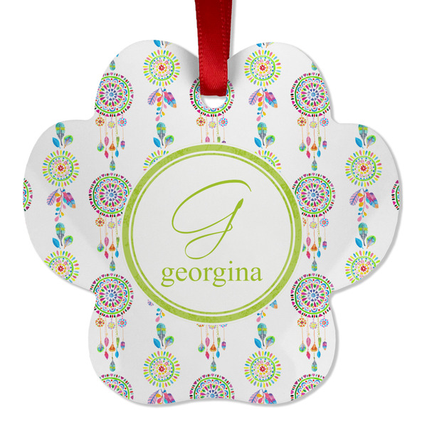 Custom Dreamcatcher Metal Paw Ornament - Double Sided w/ Name and Initial