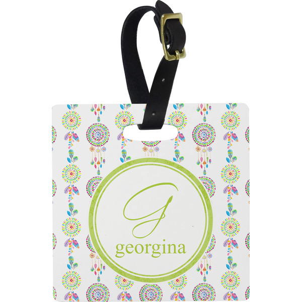 Custom Dreamcatcher Plastic Luggage Tag - Square w/ Name and Initial
