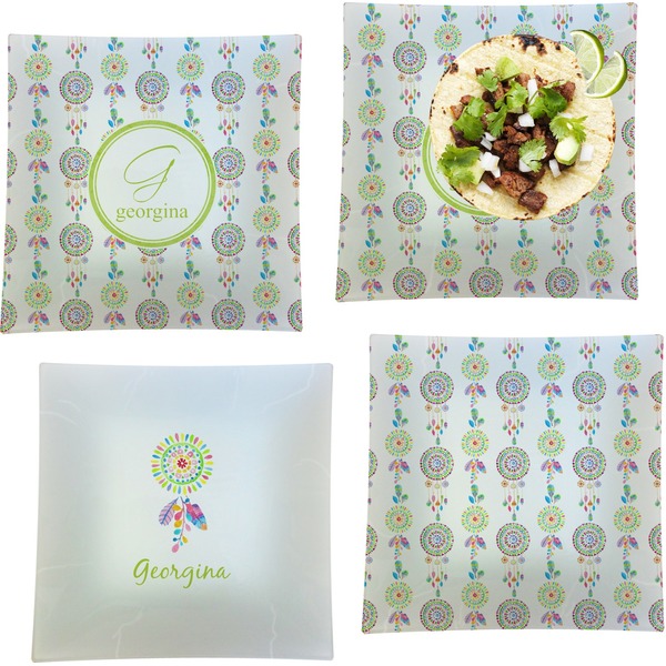 Custom Dreamcatcher Set of 4 Glass Square Lunch / Dinner Plate 9.5" (Personalized)