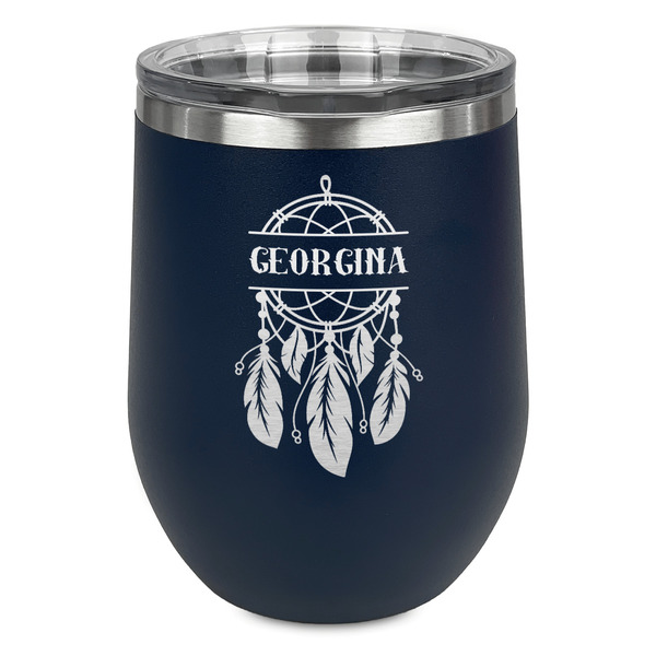 Custom Dreamcatcher Stemless Stainless Steel Wine Tumbler - Navy - Double Sided (Personalized)