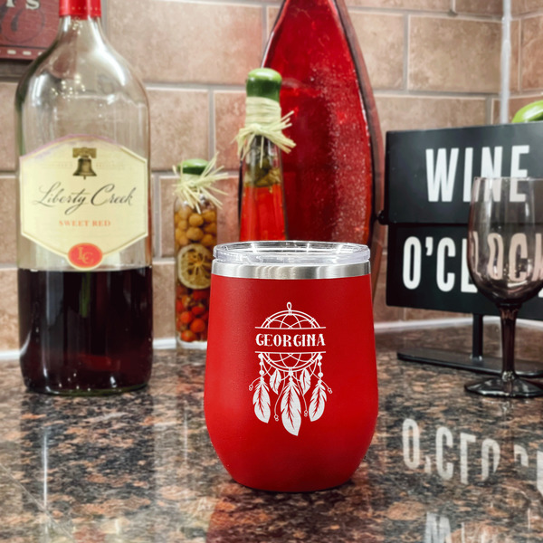 Dreamcatcher Stainless Wine Tumblers - Red - Single Sided - In Context