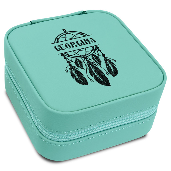 Custom Dreamcatcher Travel Jewelry Box - Teal Leather (Personalized)