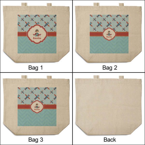 Airplane Theme 3 Reusable Cotton Grocery Bags - Front & Back View
