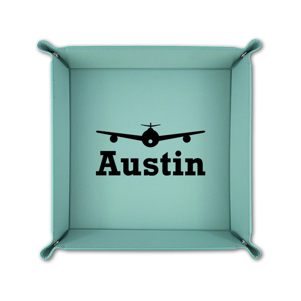 Airplane Theme 6" x 6" Teal Leatherette Snap Up Tray - FOLDED UP