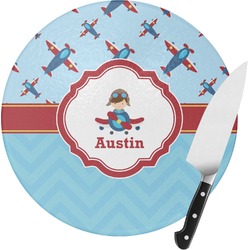 Airplane Theme Round Glass Cutting Board - Small (Personalized)