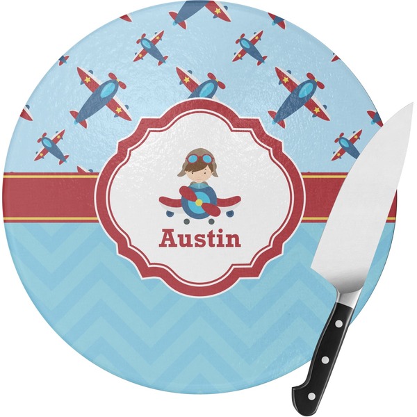 Custom Airplane Theme Round Glass Cutting Board - Small (Personalized)