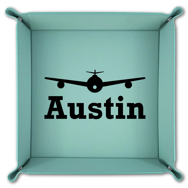 Airplane Theme 9" x 9" Teal Leatherette Snap Up Tray - FOLDED