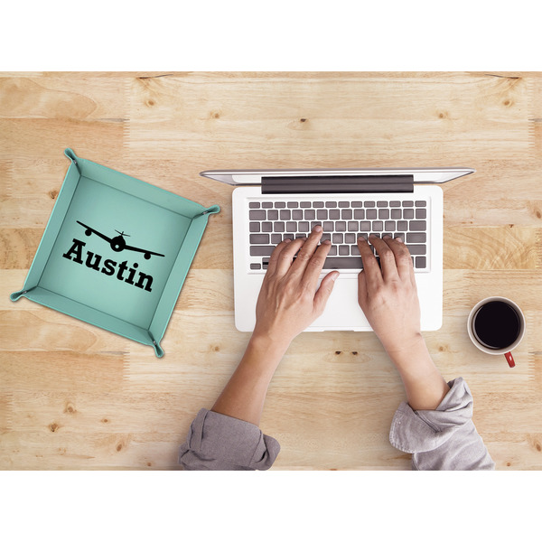 Airplane Theme 9" x 9" Teal Leatherette Snap Up Tray - LIFESTYLE