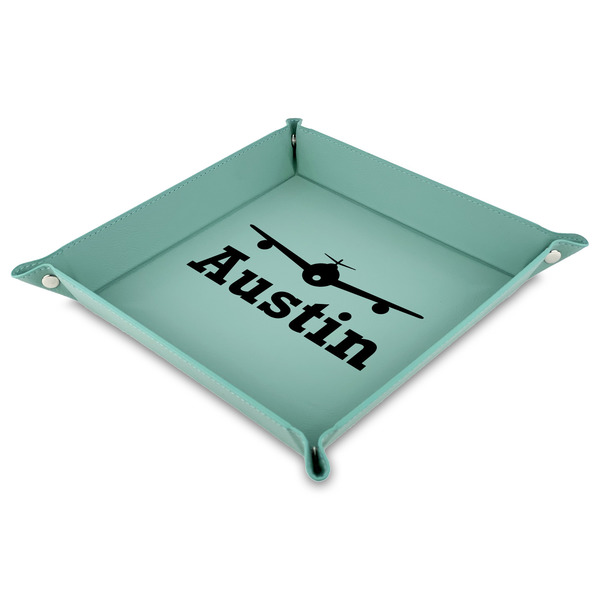 Custom Airplane Theme Faux Leather Dice Tray - 9" x 9"  - Teal (Personalized)