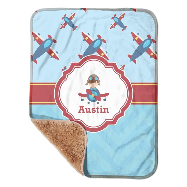 Custom Airplane Theme Sherpa Baby Blanket - 30" x 40" w/ Name or Text