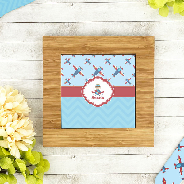 Airplane Theme Bamboo Trivet with 6" Tile - LIFESTYLE