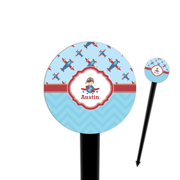 Custom Airplane Theme 4" Round Plastic Food Picks - Black - Double Sided (Personalized)