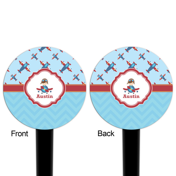 Airplane Theme Black Plastic 4" Food Pick - Round - Double Sided - Front & Back