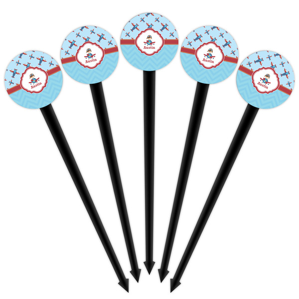 Airplane Theme Black Plastic 4" Food Pick - Round - Fan View