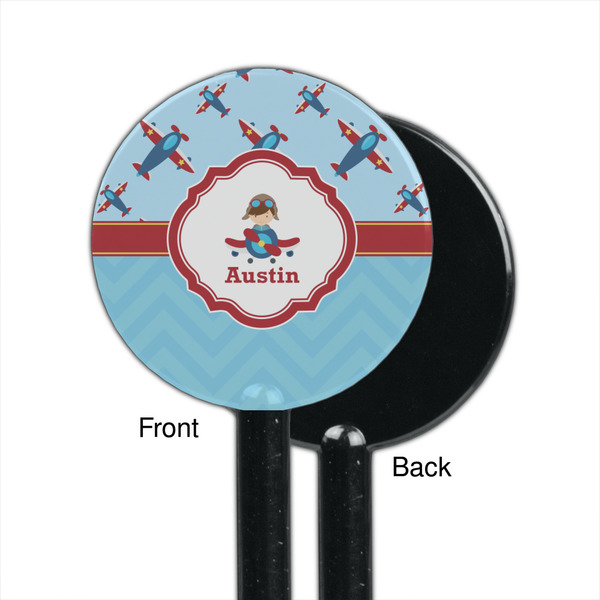 Airplane Theme Black Plastic 5.5" Stir Stick - Single Sided - Round - Front & Back
