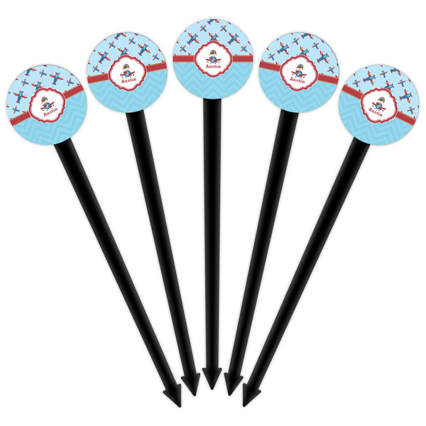 Airplane Theme Black Plastic 6" Food Pick - Round - Fan View
