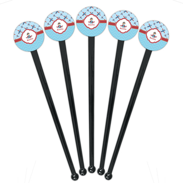 Airplane Theme Black Plastic 7" Stir Stick - Round - Fan View