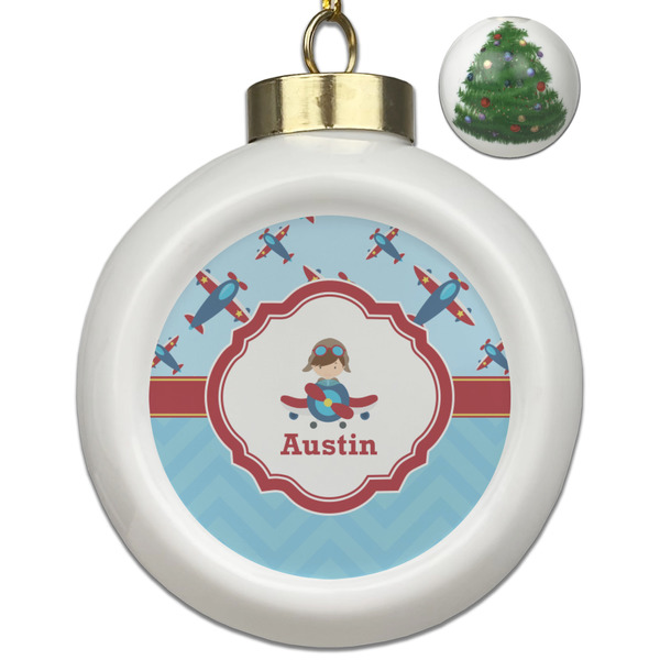 Custom Airplane Theme Ceramic Ball Ornament - Christmas Tree (Personalized)