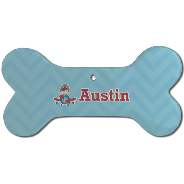 Custom Airplane Theme Ceramic Dog Ornament - Front w/ Name or Text