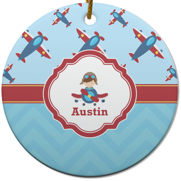 Custom Airplane Theme Round Ceramic Ornament w/ Name or Text