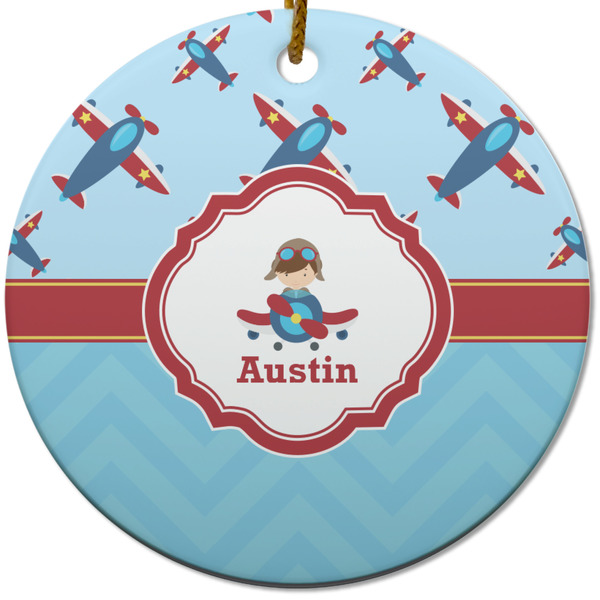 Airplane Theme Ceramic Flat Ornament - Circle (Front)