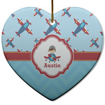 Airplane Theme Heart Ceramic Ornament w/ Name or Text