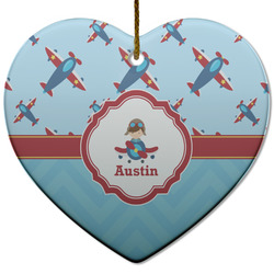 Airplane Theme Heart Ceramic Ornament w/ Name or Text