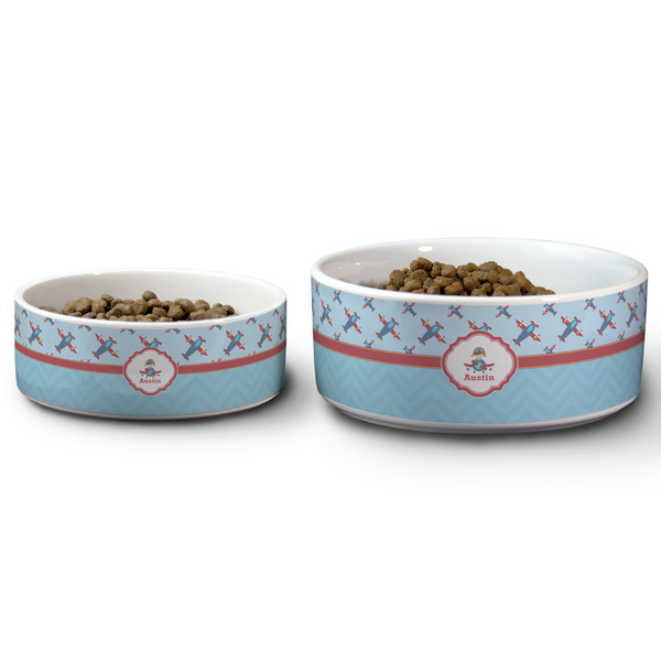 Airplane Theme Ceramic Dog Bowls - Size Comparison