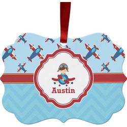 Airplane Theme Metal Frame Ornament - Double Sided w/ Name or Text