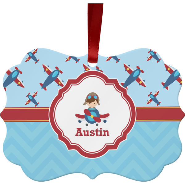 Custom Airplane Theme Metal Frame Ornament - Double Sided w/ Name or Text