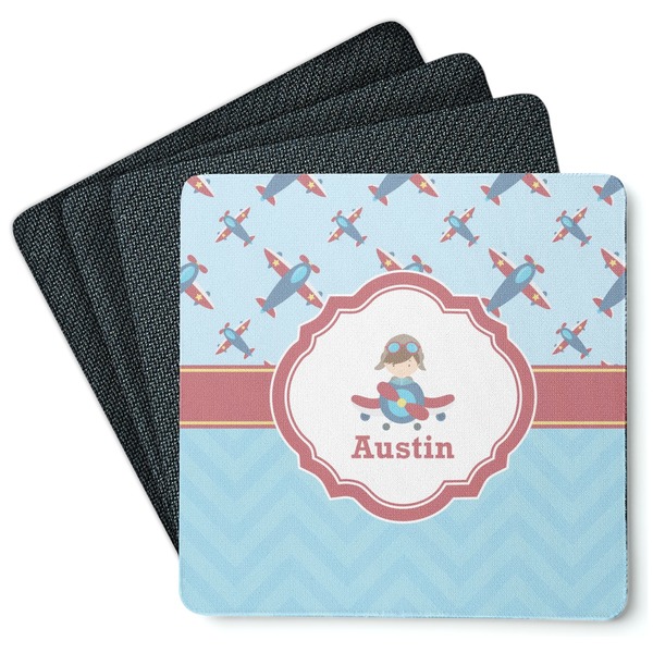 Custom Airplane Theme Square Rubber Backed Coasters - Set of 4 (Personalized)