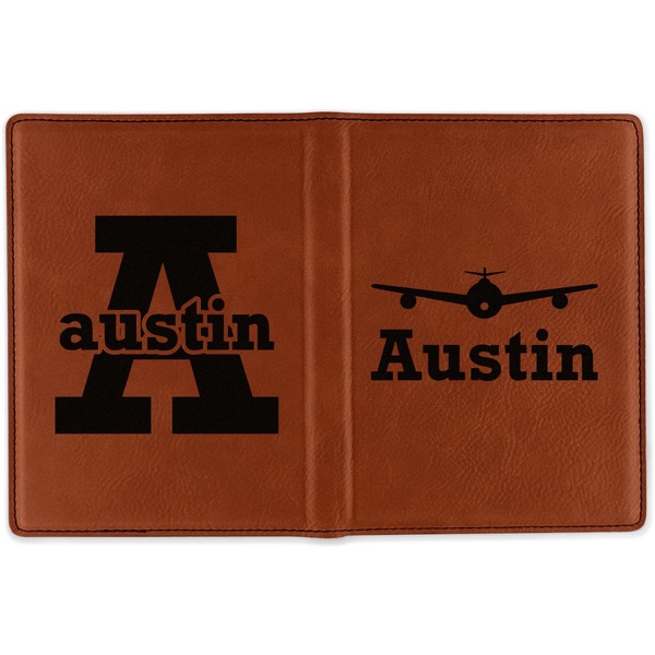 Airplane Theme Cognac Leather Passport Holder Outside Double Sided - Apvl
