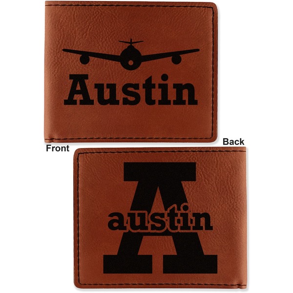 Airplane Theme Cognac Leatherette Bifold Wallets - Front and Back