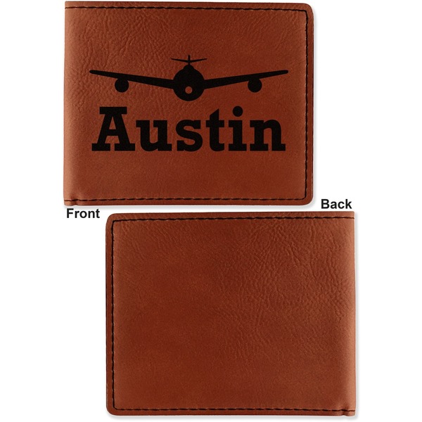 Airplane Theme Cognac Leatherette Bifold Wallets - Front and Back Single Sided - Apvl