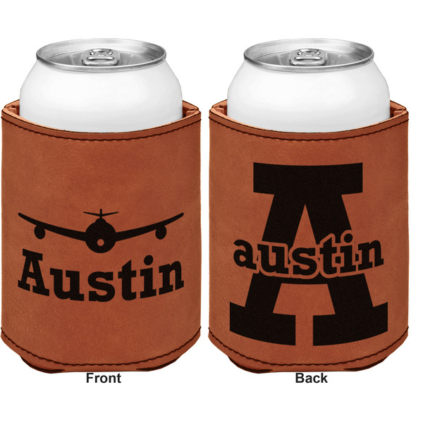 Airplane Theme Cognac Leatherette Can Sleeve - Double Sided Front and Back