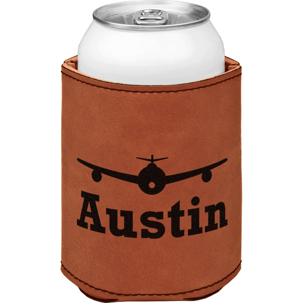 Airplane Theme Cognac Leatherette Can Sleeve - Single Front
