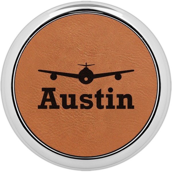 Custom Airplane Theme Leatherette Round Coaster w/ Silver Edge (Personalized)