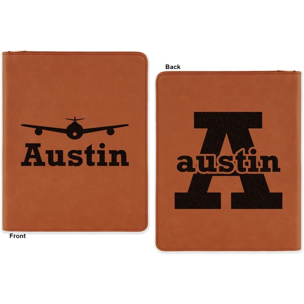 Airplane Theme Cognac Leatherette Zipper Portfolios with Notepad - Double Sided - Apvl