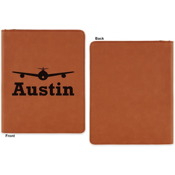Airplane Theme Cognac Leatherette Zipper Portfolios with Notepad - Single Sided - Apvl