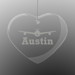 Airplane Theme Engraved Glass Ornament - Heart (Personalized)