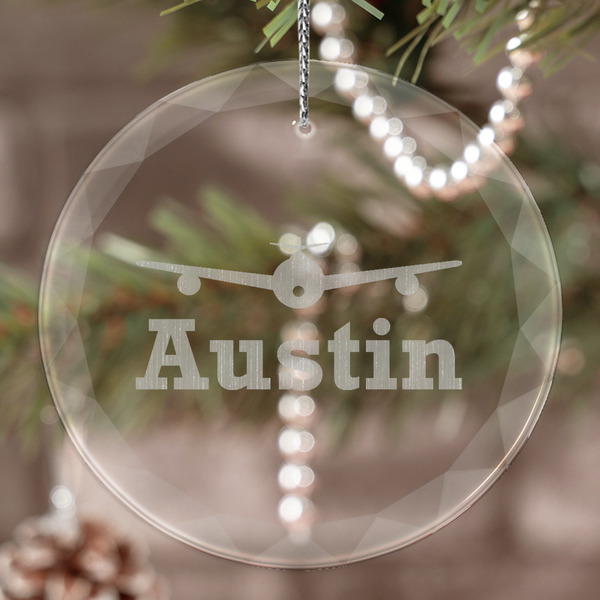 Custom Airplane Theme Engraved Glass Ornament (Personalized)