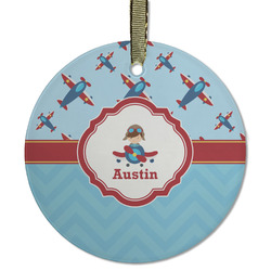 Airplane Theme Flat Glass Ornament - Round w/ Name or Text