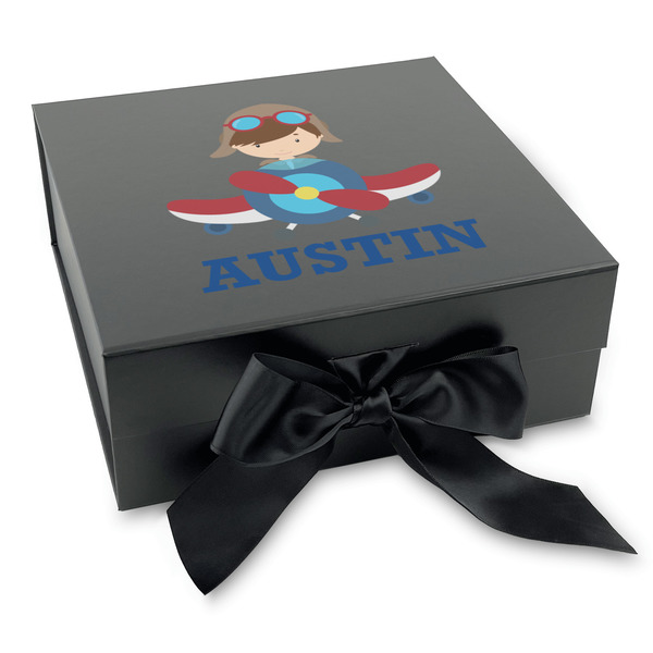 Custom Airplane Theme Gift Box with Magnetic Lid - Black (Personalized)