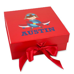 Airplane Theme Gift Box with Magnetic Lid - Red (Personalized)