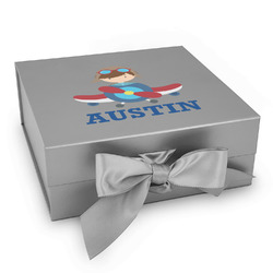 Airplane Theme Gift Box with Magnetic Lid - Silver (Personalized)