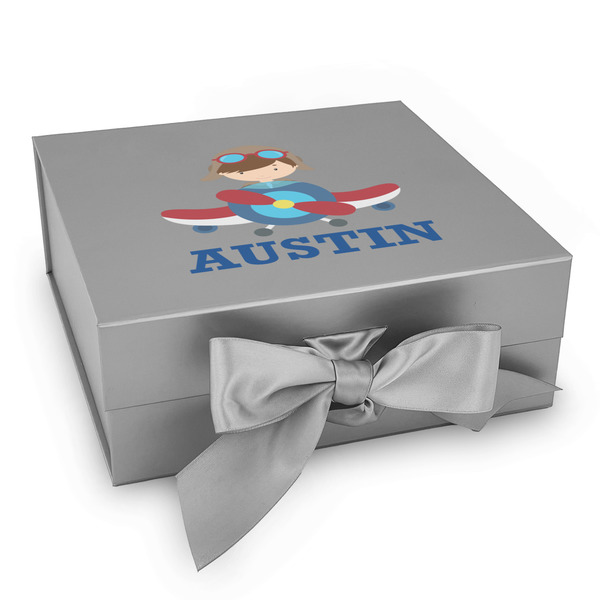 Custom Airplane Theme Gift Box with Magnetic Lid - Silver (Personalized)