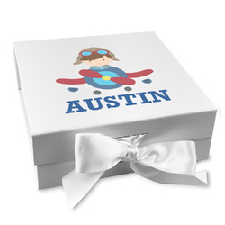Airplane Theme Gift Box with Magnetic Lid - White (Personalized)