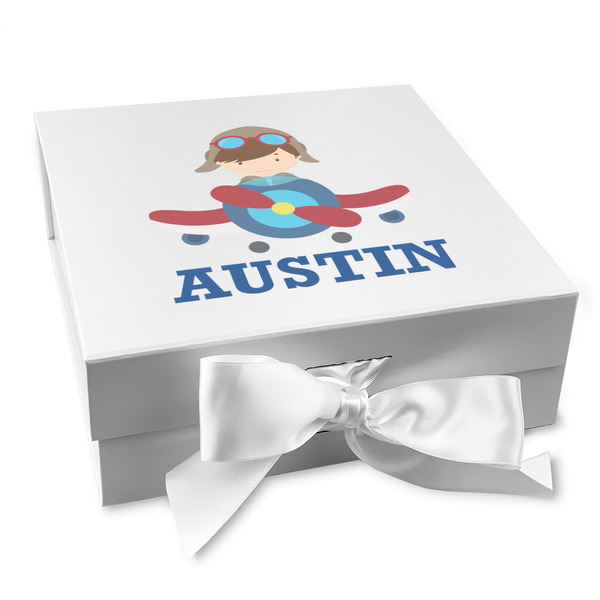Custom Airplane Theme Gift Box with Magnetic Lid - White (Personalized)