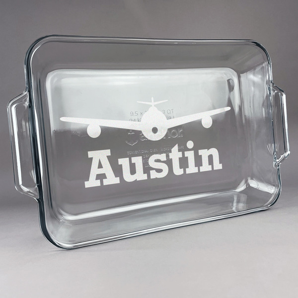 Custom Airplane Theme Glass Baking Dish with Truefit Lid - 13in x 9in (Personalized)
