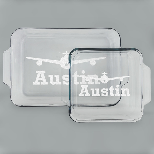 Custom Airplane Theme Set of Glass Baking & Cake Dish - 13in x 9in & 8in x 8in (Personalized)